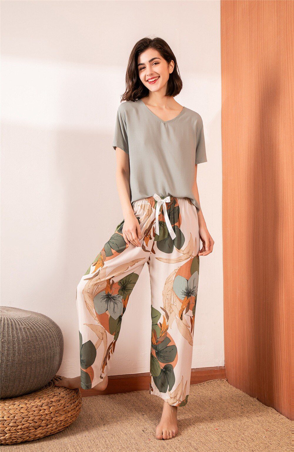 Summer Pajamas Set Women Sleepwear Female Casual Floral Printed Contrasting Color Pyjamas Tops with Long Trousers Home Clothing