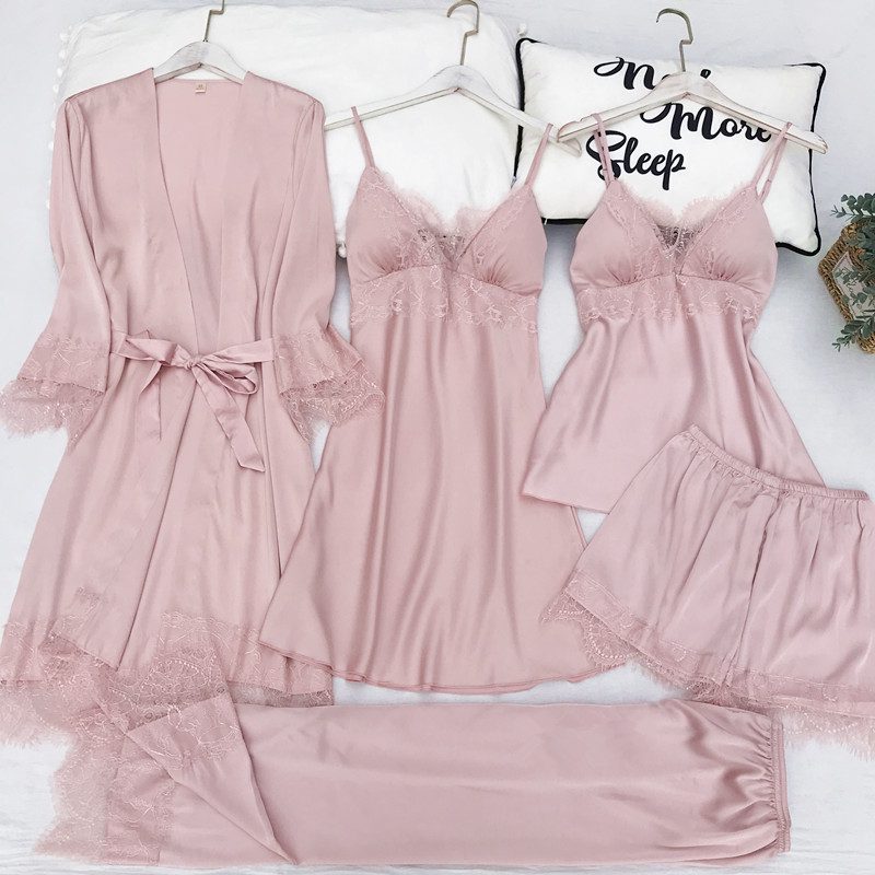 5PCS Pajamas Set Silk Satin Womens Lace Nightwear Spring Strap Pyjamas Suit Female Lounge Sleepwear with Chest Pads Home Wear 5PCS Pajamas Set Silk Satin Womens Lace Nightwear Spring Strap Pyjamas Suit Female Lounge Sleepwear with Chest Pads Home Wear