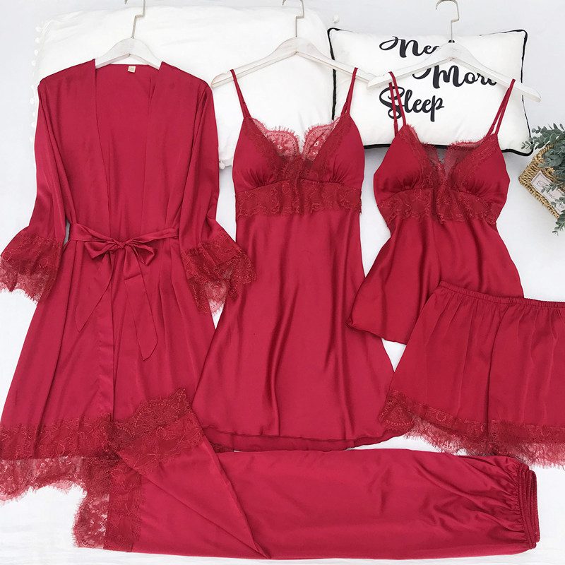 5PCS Pajamas Set Silk Satin Womens Lace Nightwear Spring Strap Pyjamas Suit Female Lounge Sleepwear with Chest Pads Home Wear 5PCS Pajamas Set Silk Satin Womens Lace Nightwear Spring Strap Pyjamas Suit Female Lounge Sleepwear with Chest Pads Home Wear