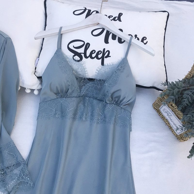 5PCS Pajamas Set Silk Satin Womens Lace Nightwear Spring Strap Pyjamas Suit Female Lounge Sleepwear with Chest Pads Home Wear 5PCS Pajamas Set Silk Satin Womens Lace Nightwear Spring Strap Pyjamas Suit Female Lounge Sleepwear with Chest Pads Home Wear