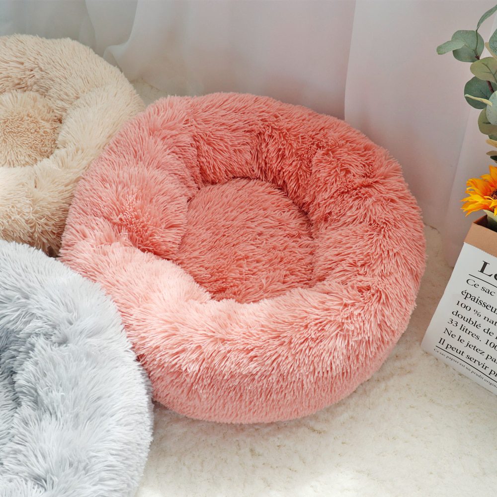Fluffy Calming Dog Bed Long Plush Donut Pet Bed Hondenmand Round Orthopedic Lounger Sleeping Bag Kennel Cat Puppy Sofa Bed House