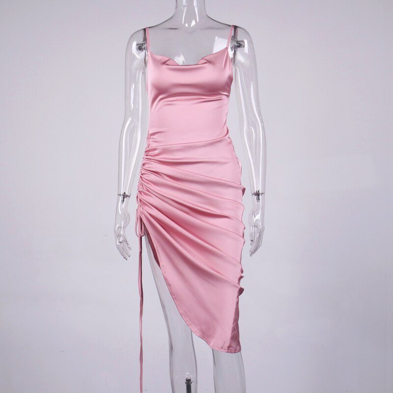 NewAsia Ruched Satin Summer Dress Drawstring Spaghetti Straps Cowl Neck Backless Long Dresses for Women Party Sexy Vestidos 2020 NewAsia Ruched Satin Summer Dress Drawstring Spaghetti Straps Cowl Neck Backless Long Dresses for Women Party Sexy Vestidos 2020