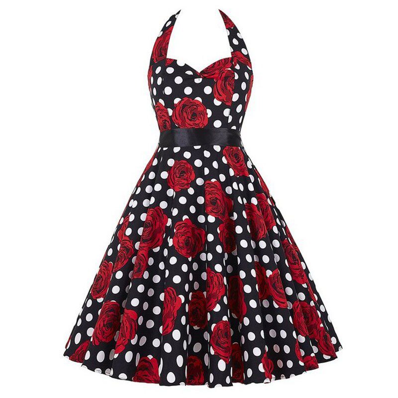 Women Polka Dot Print Summer Dress Sexy Retro White Halter Vintage Dress Plus Size Robe Femme Pin Up Rockabilly Party Dress