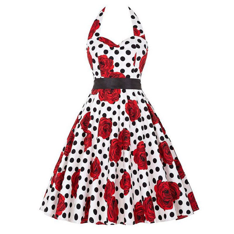 Women Polka Dot Print Summer Dress Sexy Retro White Halter Vintage Dress Plus Size Robe Femme Pin Up Rockabilly Party Dress