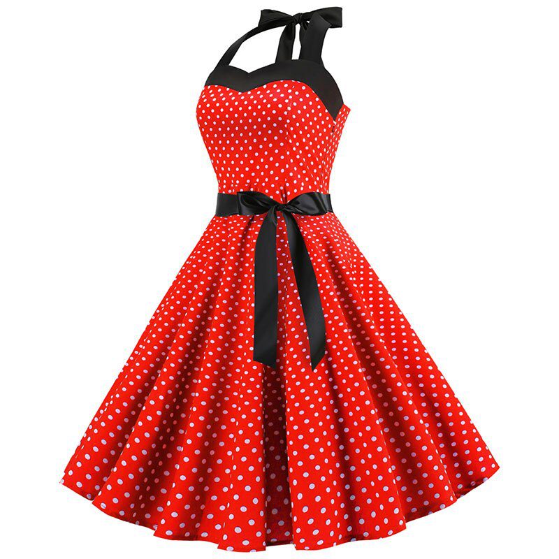 Women Polka Dot Print Summer Dress Sexy Retro White Halter Vintage Dress Plus Size Robe Femme Pin Up Rockabilly Party Dress