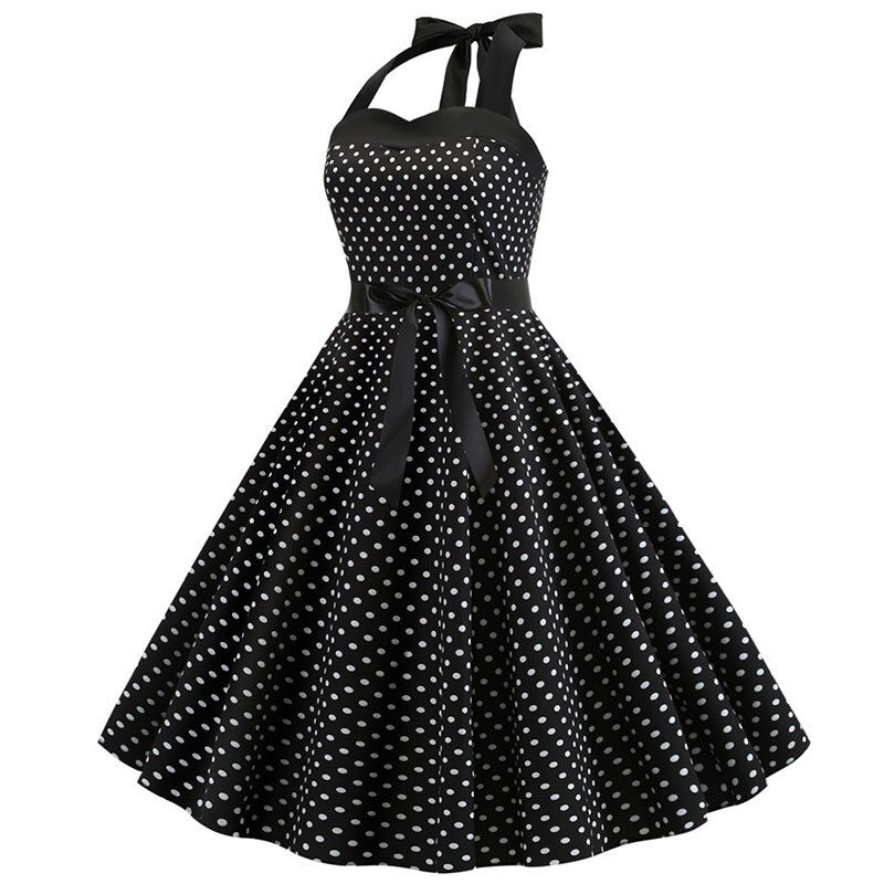 Women Polka Dot Print Summer Dress Sexy Retro White Halter Vintage Dress Plus Size Robe Femme Pin Up Rockabilly Party Dress