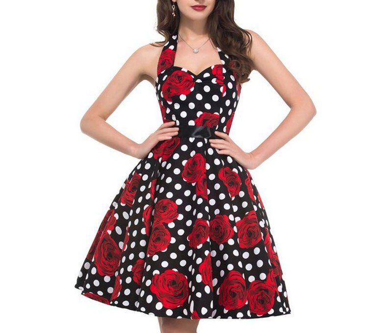 Women Polka Dot Print Summer Dress Sexy Retro White Halter Vintage Dress Plus Size Robe Femme Pin Up Rockabilly Party Dress