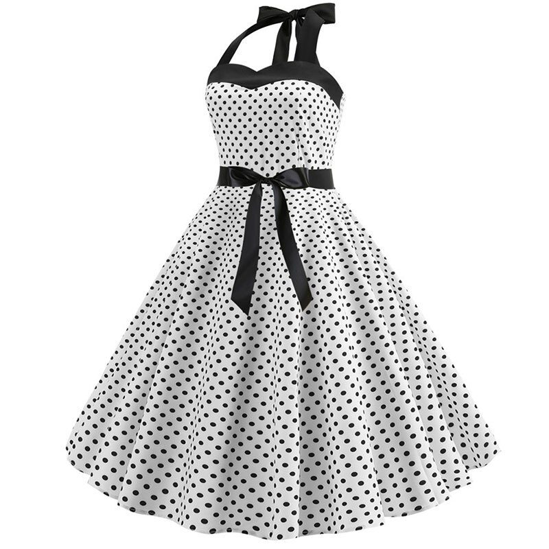 Women Polka Dot Print Summer Dress Sexy Retro White Halter Vintage Dress Plus Size Robe Femme Pin Up Rockabilly Party Dress