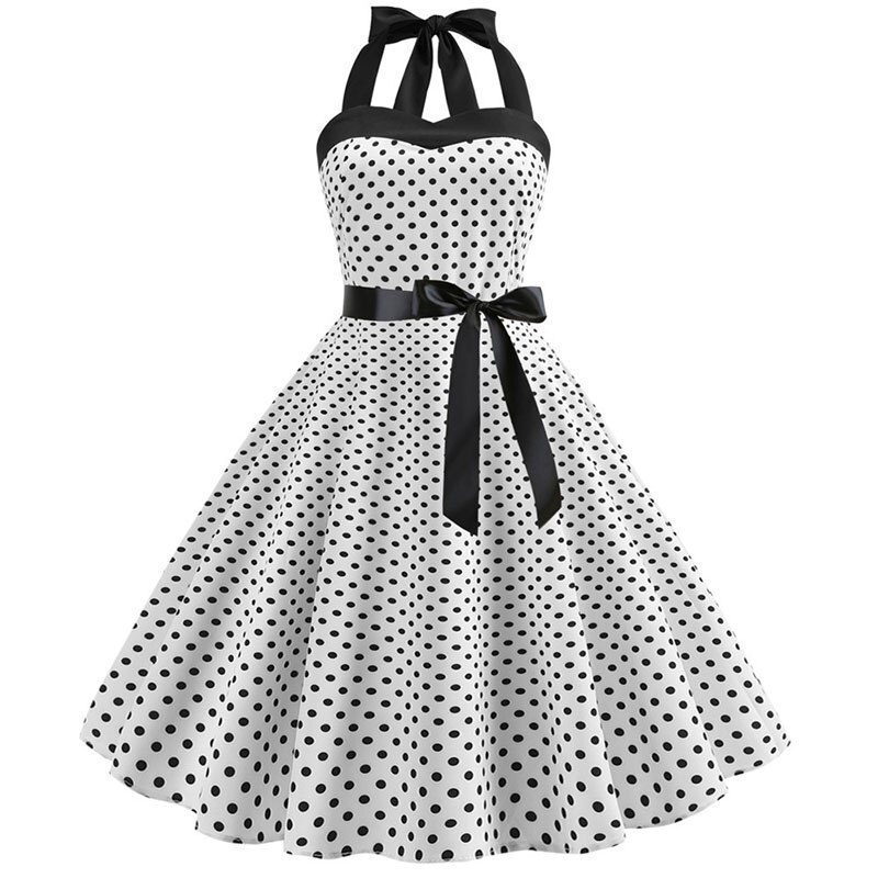 Women Polka Dot Print Summer Dress Sexy Retro White Halter Vintage Dress Plus Size Robe Femme Pin Up Rockabilly Party Dress