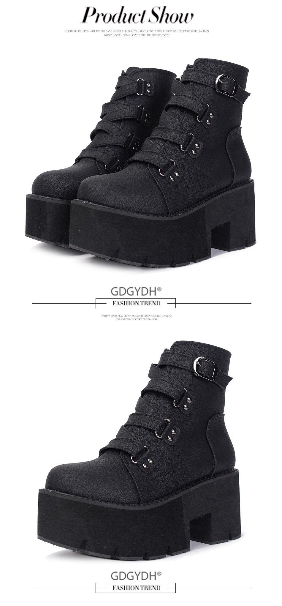 Gdgydh Spring Autumn Ankle Boots Women Platform Boots Rubber Sole Buckle Black Leather PU High Heels Shoes Woman Comfortable