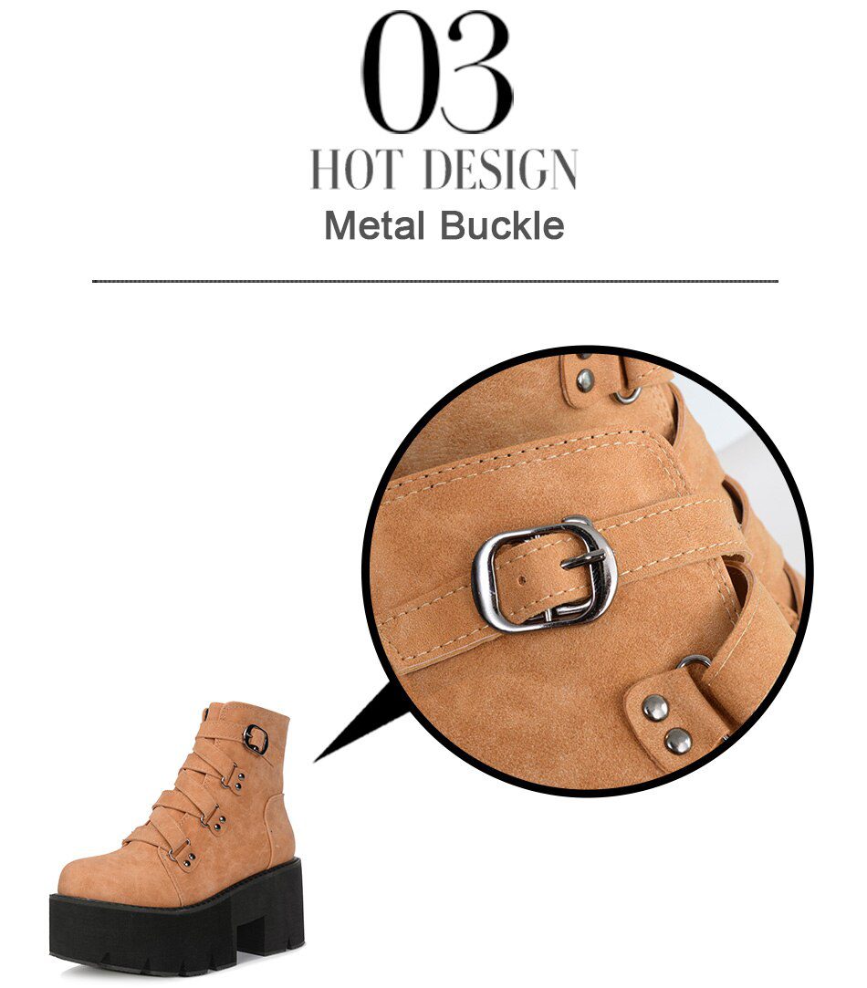 Gdgydh Spring Autumn Ankle Boots Women Platform Boots Rubber Sole Buckle Black Leather PU High Heels Shoes Woman Comfortable