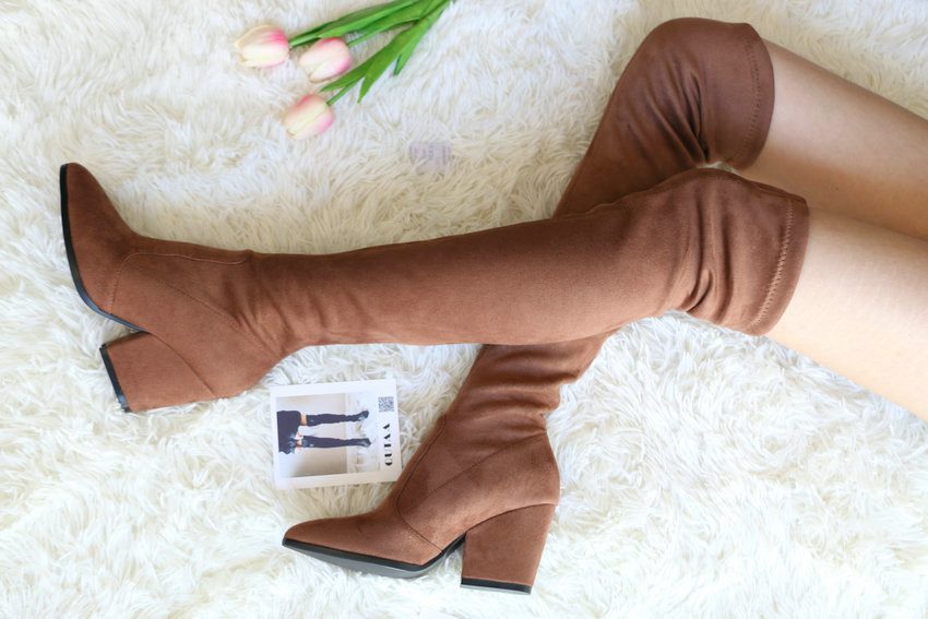 QUTAA 2020 Women Over The Knee High Boots Wedges Heels Winter Shoes Pointed Toe Sexy Elastic Fabric Women Boots Size 34-43