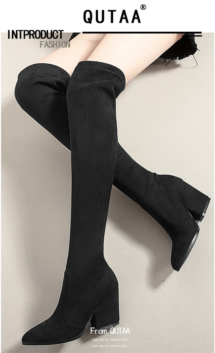QUTAA 2020 Women Over The Knee High Boots Wedges Heels Winter Shoes Pointed Toe Sexy Elastic Fabric Women Boots Size 34-43