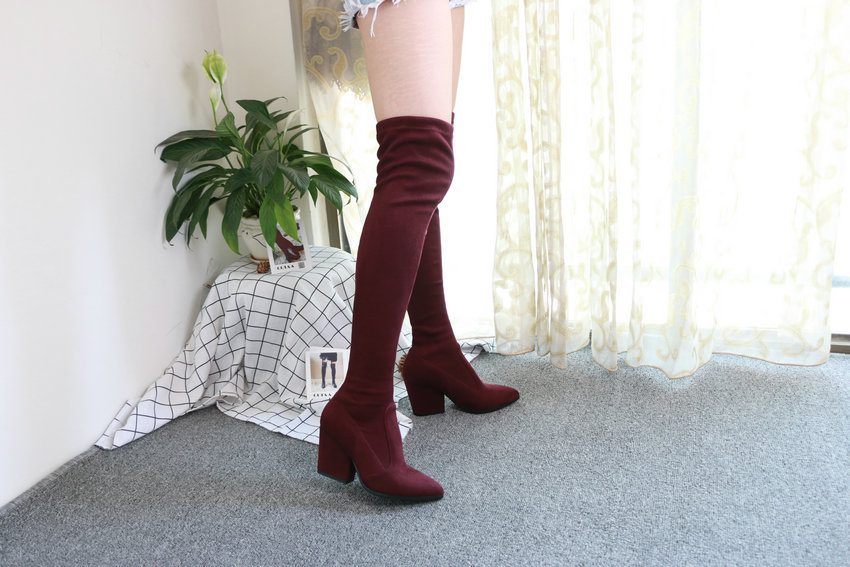 QUTAA 2020 Women Over The Knee High Boots Wedges Heels Winter Shoes Pointed Toe Sexy Elastic Fabric Women Boots Size 34-43