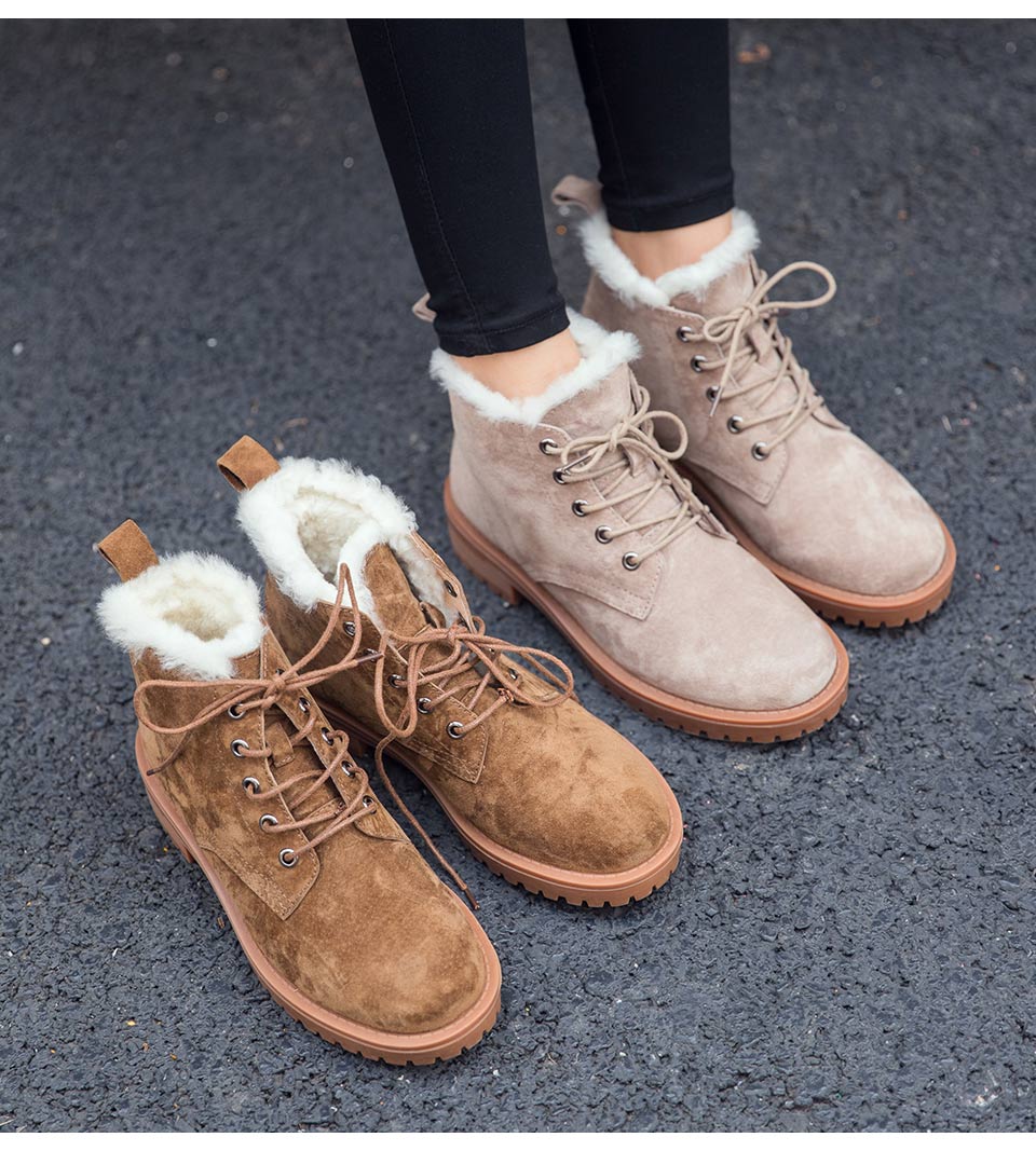 BeauToday Wool Snow Boots Women Genuine Leather Round Toe Lace-Up Platform Winter Ladies Ankle Length Shoes Handmade 03281