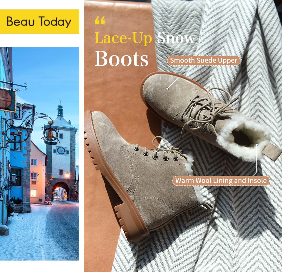 BeauToday Wool Snow Boots Women Genuine Leather Round Toe Lace-Up Platform Winter Ladies Ankle Length Shoes Handmade 03281