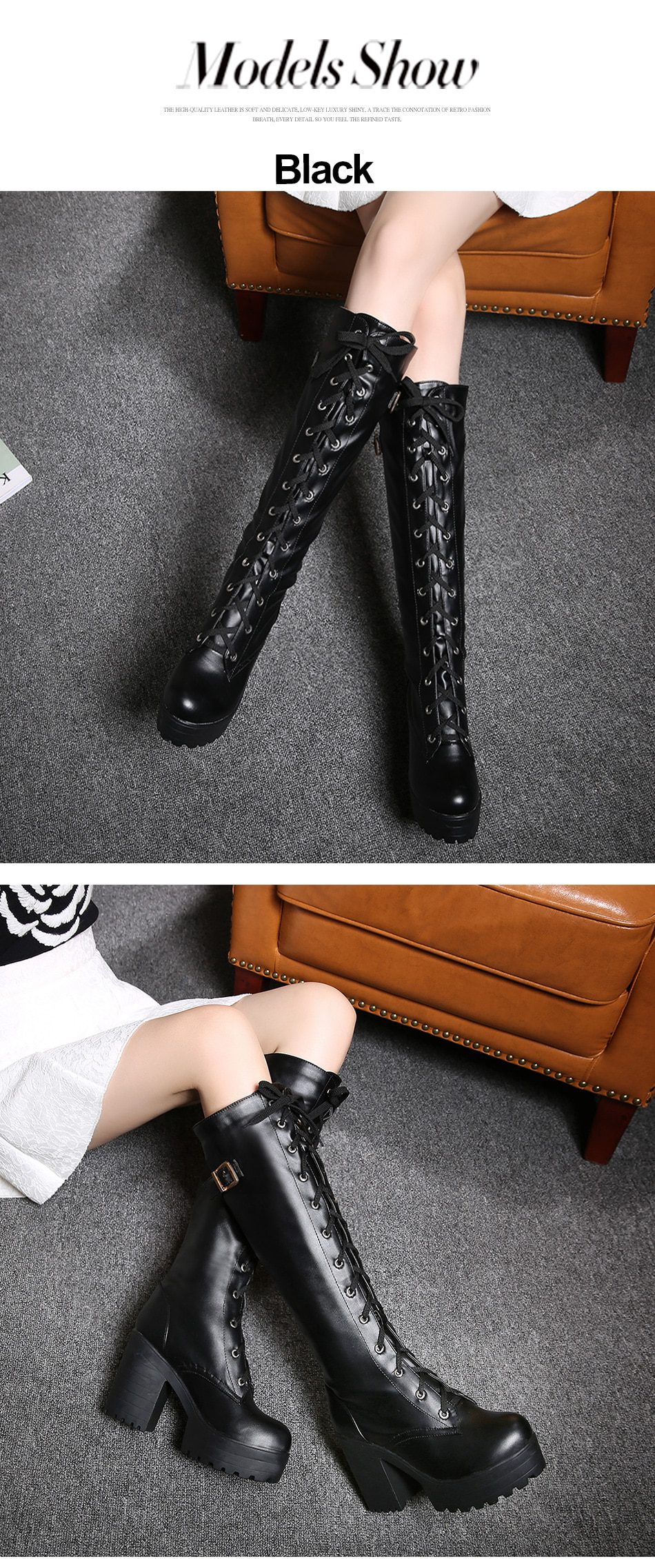 Gdgydh Hot Sale Spring Autumn Lacing Knee High Boots Women Fashion White Square Heel Woman Leather Shoes Winter PU Large Size 43 Gdgydh Hot Sale Spring Autumn Lacing Knee High Boots Women Fashion White Square Heel Woman Leather Shoes Winter PU Large Size 43