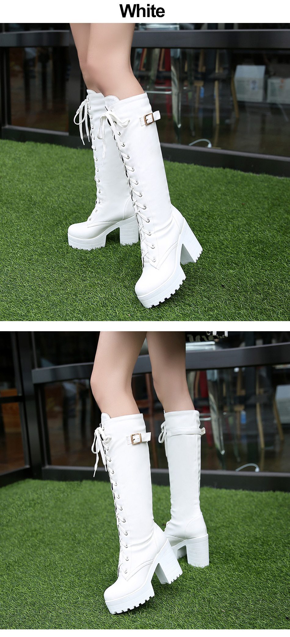 Gdgydh Hot Sale Spring Autumn Lacing Knee High Boots Women Fashion White Square Heel Woman Leather Shoes Winter PU Large Size 43 Gdgydh Hot Sale Spring Autumn Lacing Knee High Boots Women Fashion White Square Heel Woman Leather Shoes Winter PU Large Size 43