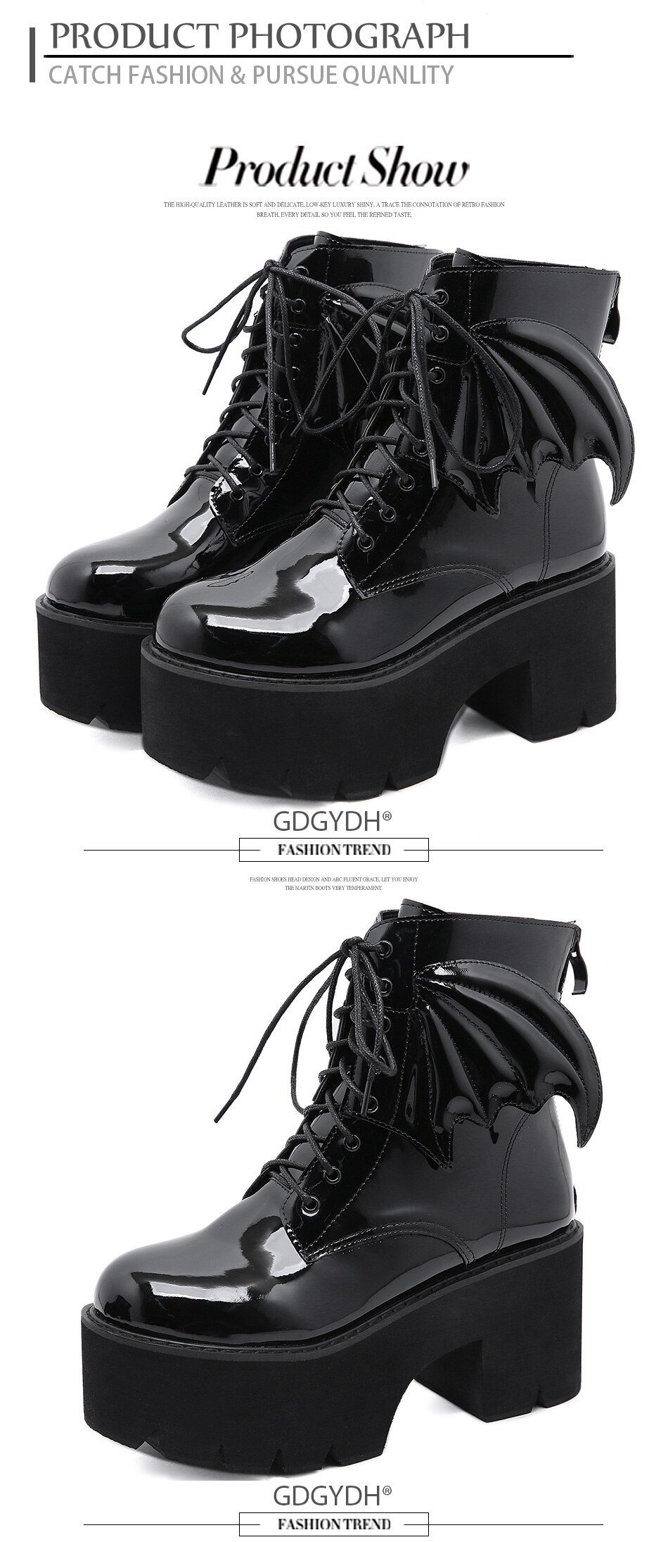 Gdgydh New Fashion Angel Wing Ankle Boots High Heels Patent Leather Womens Platform Boots Punk Gothic Sexy Model Shoes Prefect