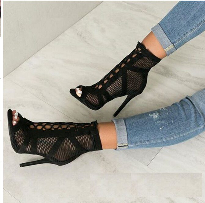 Aneikeh 2021 Fashion Basic Sandals Boots Women High Heels Pumps Sexy Hollow Out Mesh Lace-Up Cross-tied Boots Party Shoes Party