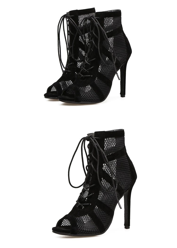 Aneikeh 2021 Fashion Basic Sandals Boots Women High Heels Pumps Sexy Hollow Out Mesh Lace-Up Cross-tied Boots Party Shoes Party