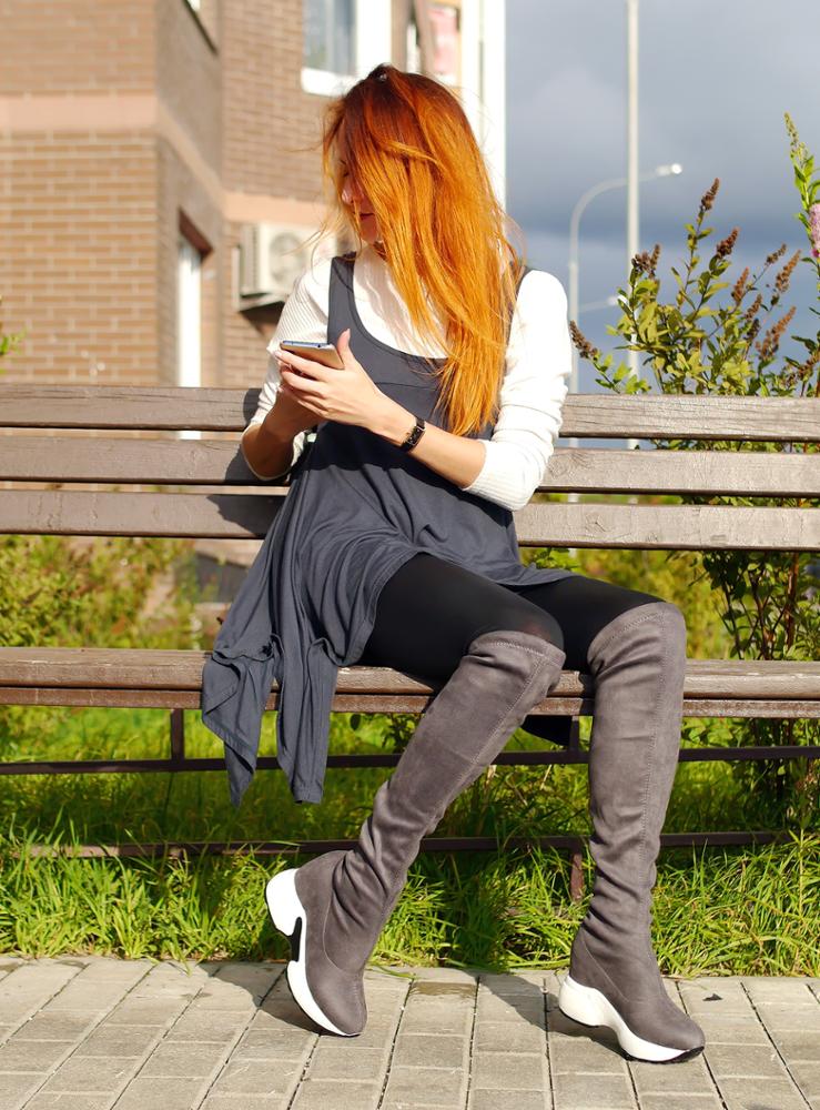 QUTAA 2020 Stretch Fabrics Over The Knee Boots Height Increasing Round Toe Women Shoes Autumn Winter Casual Long Boots Size34-43