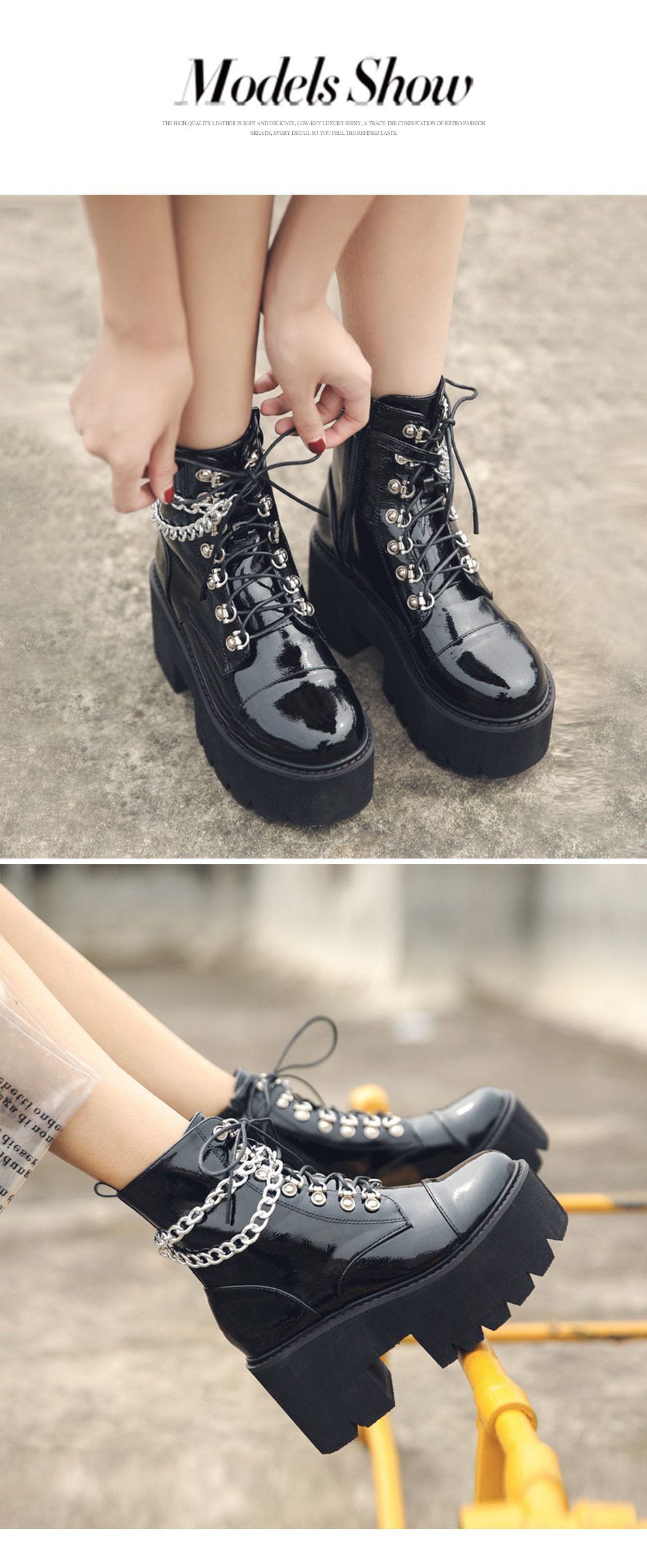 Gdgydh Patent Leather Gothic Black Boots Women Heel Sexy Chain Chunky Heel Platform Boots Female Punk Style Ankle Boots Zipper