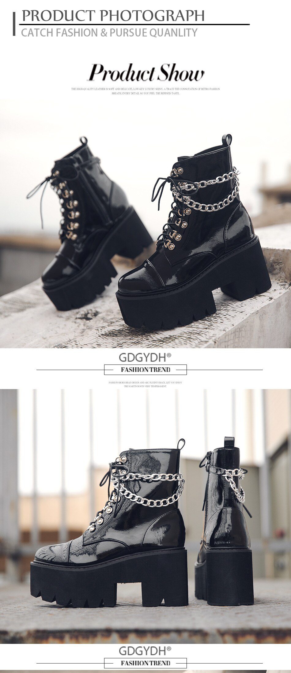 Gdgydh Patent Leather Gothic Black Boots Women Heel Sexy Chain Chunky Heel Platform Boots Female Punk Style Ankle Boots Zipper