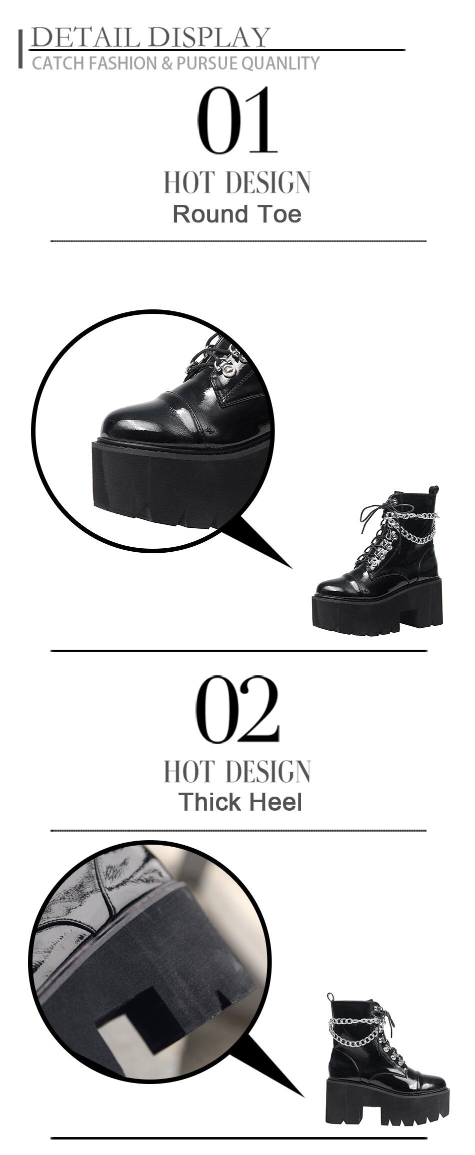 Gdgydh Patent Leather Gothic Black Boots Women Heel Sexy Chain Chunky Heel Platform Boots Female Punk Style Ankle Boots Zipper