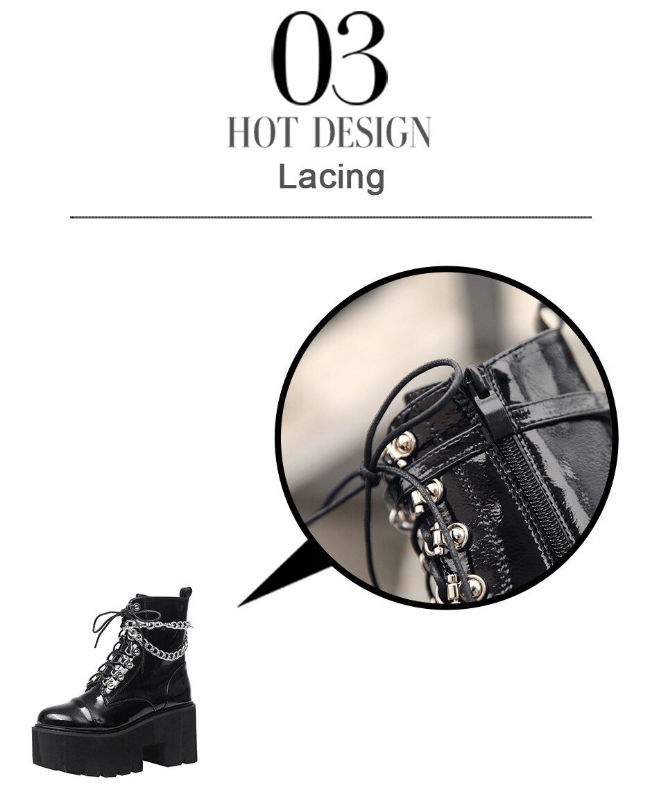 Gdgydh Patent Leather Gothic Black Boots Women Heel Sexy Chain Chunky Heel Platform Boots Female Punk Style Ankle Boots Zipper