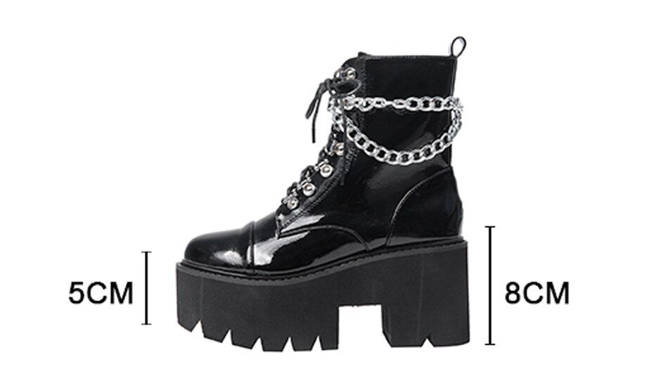 Gdgydh Patent Leather Gothic Black Boots Women Heel Sexy Chain Chunky Heel Platform Boots Female Punk Style Ankle Boots Zipper