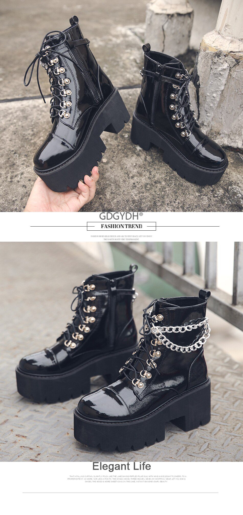 Gdgydh Patent Leather Gothic Black Boots Women Heel Sexy Chain Chunky Heel Platform Boots Female Punk Style Ankle Boots Zipper