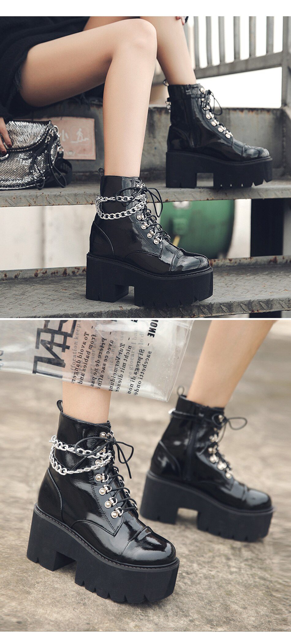 Gdgydh Patent Leather Gothic Black Boots Women Heel Sexy Chain Chunky Heel Platform Boots Female Punk Style Ankle Boots Zipper
