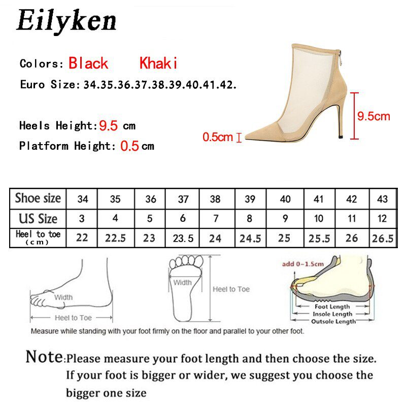 Eilyken Spring Autumn New Sexy Mesh Ankle Boots Women Pointed Toe Stiletto Heels Fashion Zip Ladies Party Shoes Size 34-40