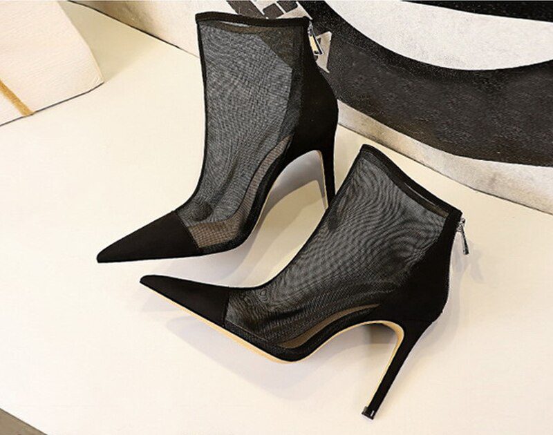 Eilyken Spring Autumn New Sexy Mesh Ankle Boots Women Pointed Toe Stiletto Heels Fashion Zip Ladies Party Shoes Size 34-40
