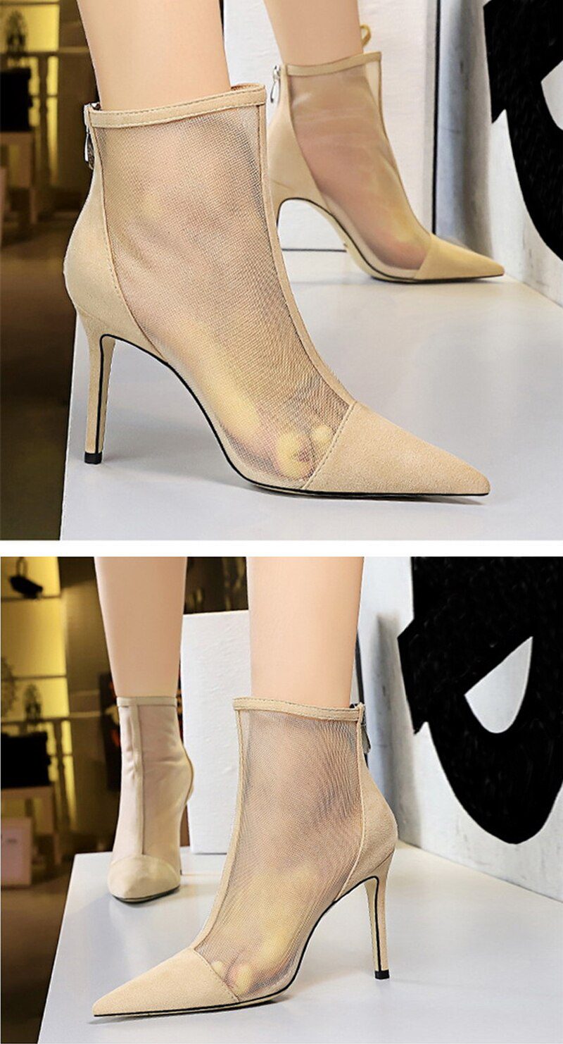 Eilyken Spring Autumn New Sexy Mesh Ankle Boots Women Pointed Toe Stiletto Heels Fashion Zip Ladies Party Shoes Size 34-40
