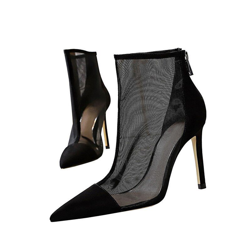Eilyken Spring Autumn New Sexy Mesh Ankle Boots Women Pointed Toe Stiletto Heels Fashion Zip Ladies Party Shoes Size 34-40