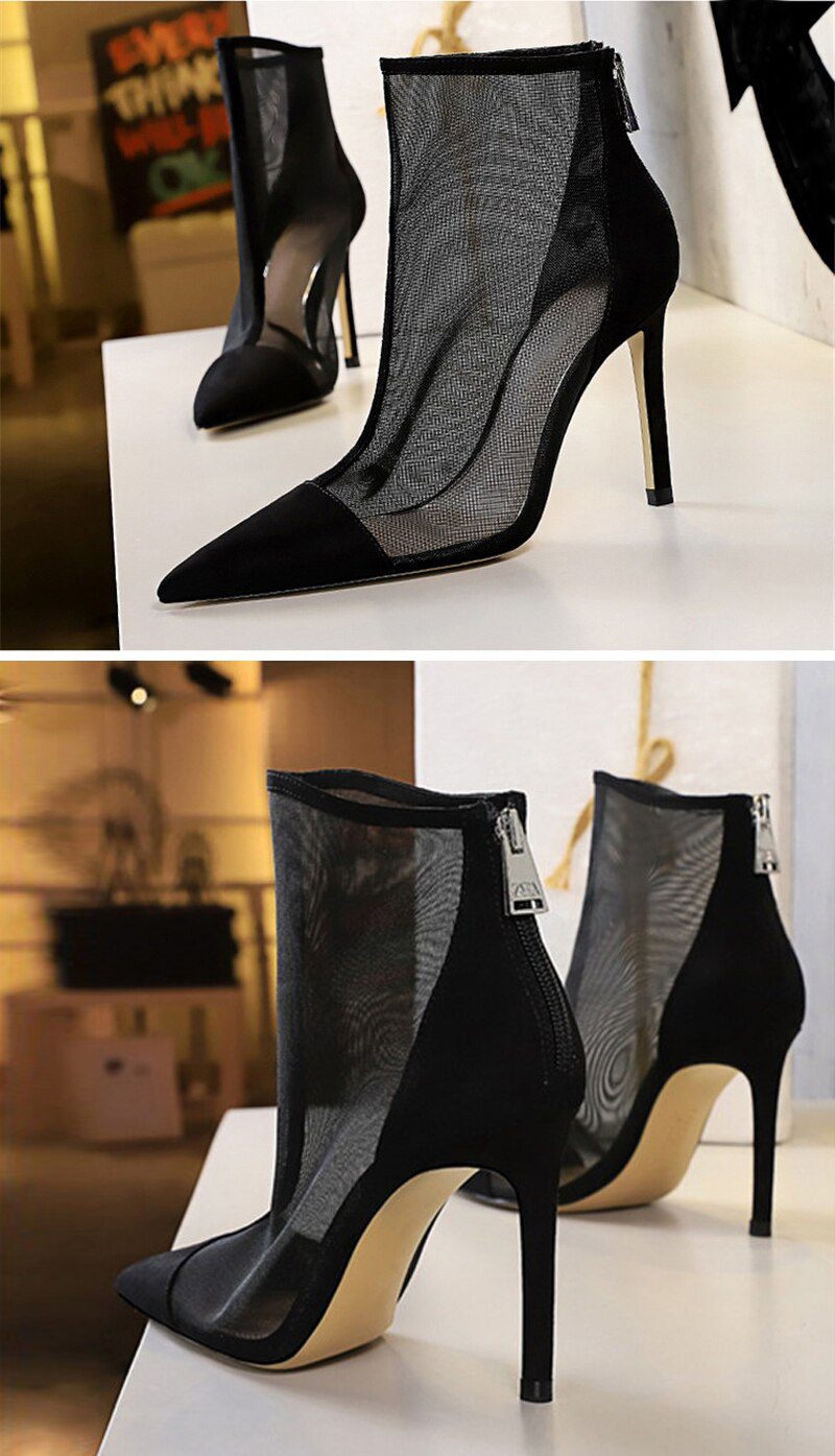Eilyken Spring Autumn New Sexy Mesh Ankle Boots Women Pointed Toe Stiletto Heels Fashion Zip Ladies Party Shoes Size 34-40