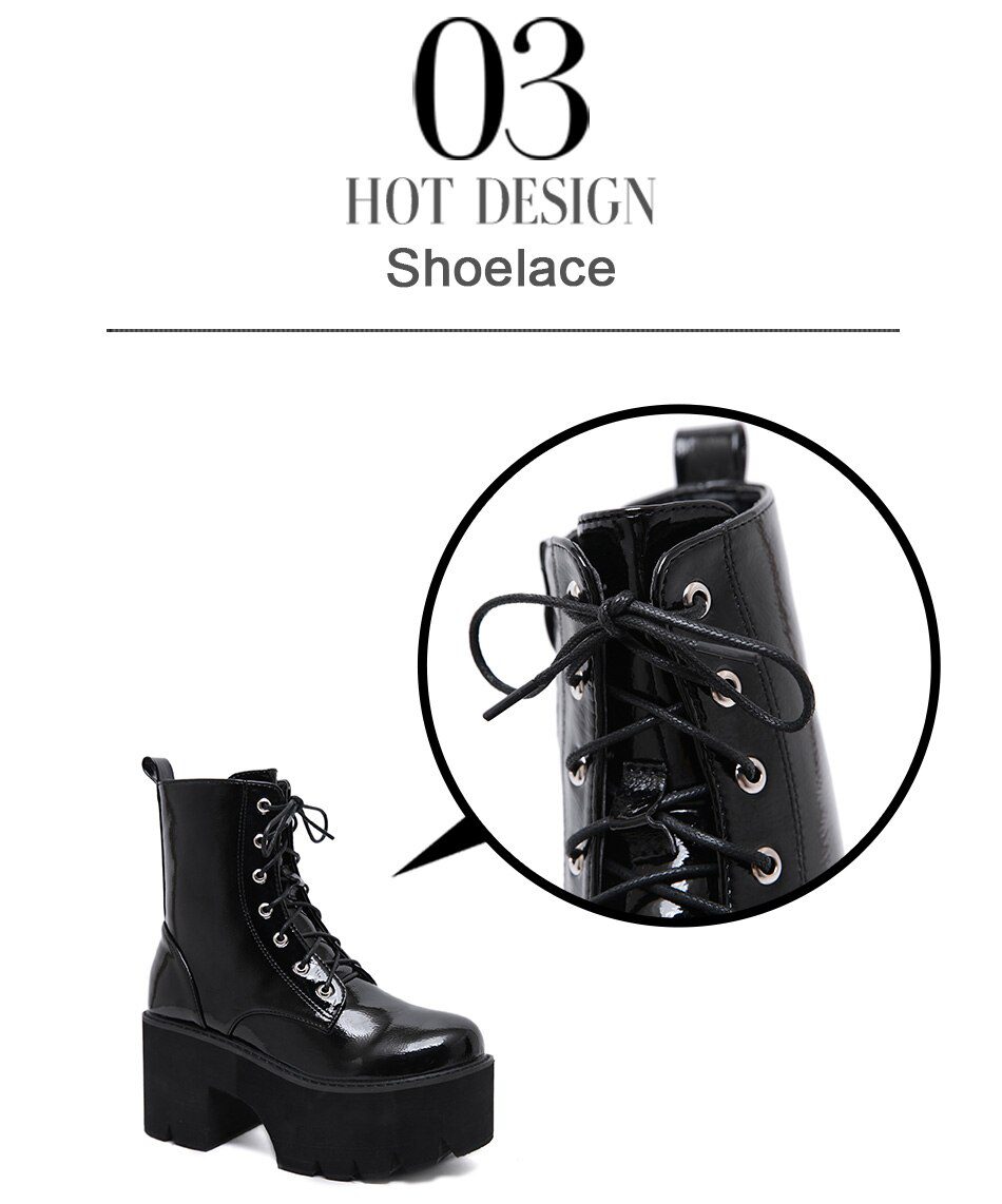 Gdgydh Woman Lace Autumn Boots Womens Ladies Chunky Wedge Platform Black Patent Leather Ankle Boots Punk Goth New Arrival 2021