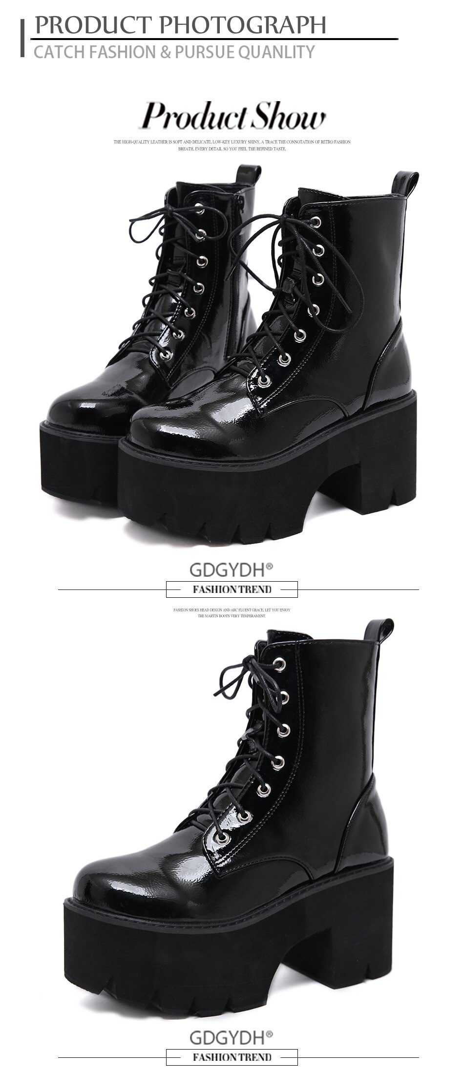 Gdgydh Woman Lace Autumn Boots Womens Ladies Chunky Wedge Platform Black Patent Leather Ankle Boots Punk Goth New Arrival 2021