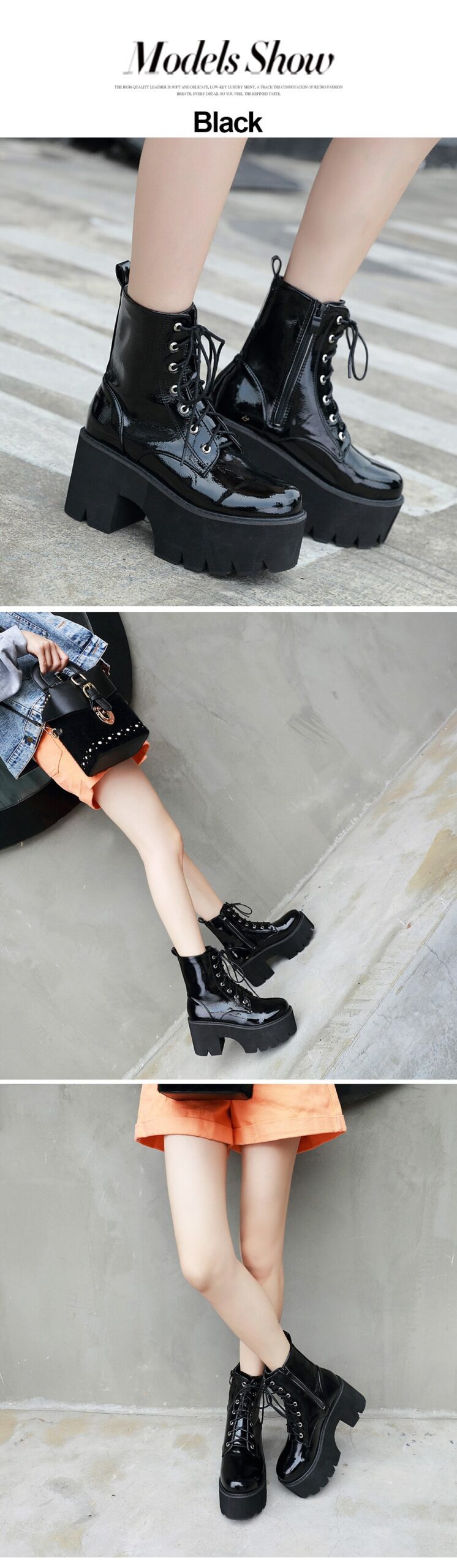 Gdgydh Woman Lace Autumn Boots Womens Ladies Chunky Wedge Platform Black Patent Leather Ankle Boots Punk Goth New Arrival 2021