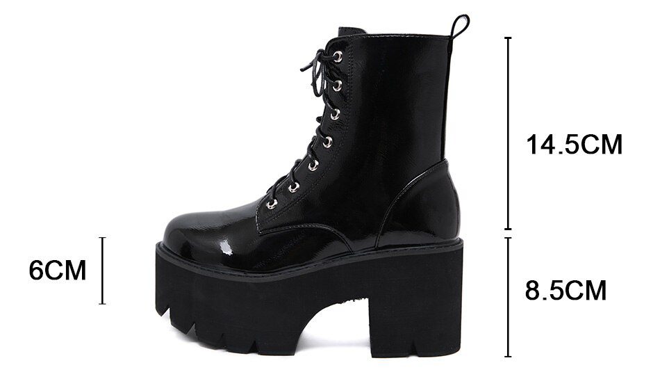 Gdgydh Woman Lace Autumn Boots Womens Ladies Chunky Wedge Platform Black Patent Leather Ankle Boots Punk Goth New Arrival 2021