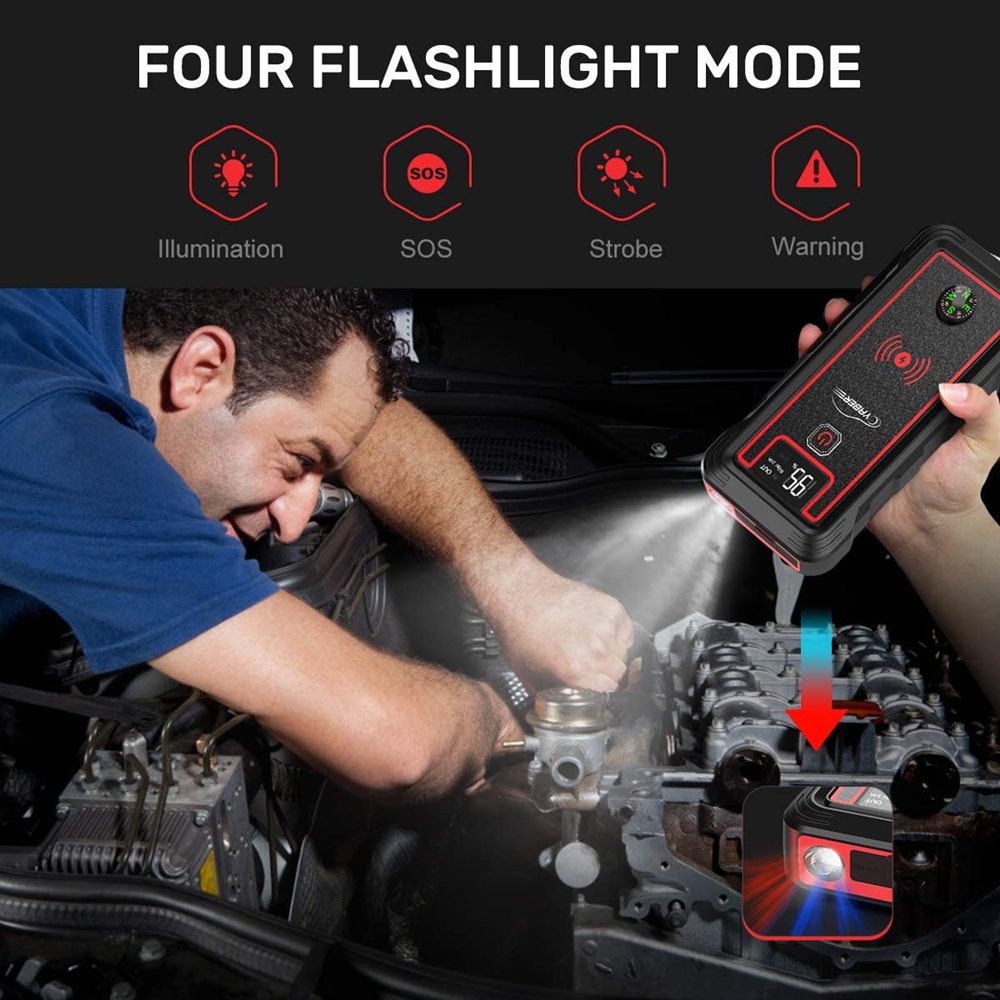 YABER 2500A 23800mAh Car Jump Starter 10W wireless charger Car Battery Power Bank with LCD Screen LED Flashlight Safety Hammer