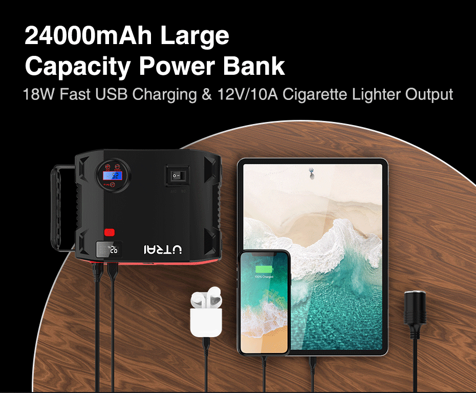 UTRAI 4 IN 1 Car Jump Starter Power Bank 24000mah 2000A with air compressor Portable Emergency 12V Booster Car battery charger UTRAI 4 IN 1 Car Jump Starter Power Bank 24000mah 2000A with air compressor Portable Emergency 12V Booster Car battery charger
