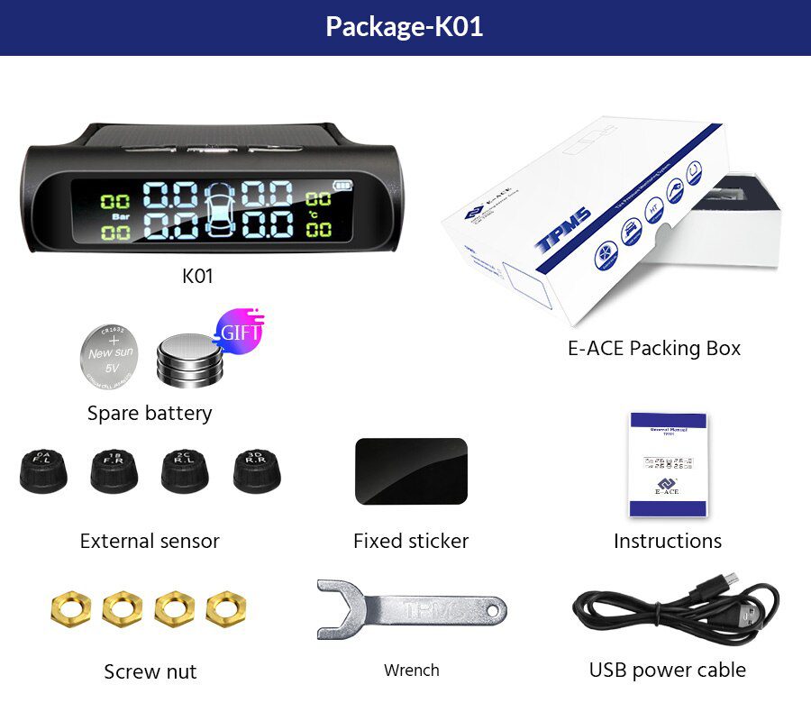 E-ACE Solar Power TPMS Car Tire Pressure Alarm Monitor System Auto Security Alarm Systems Tyre Pressure Temperature Warning E-ACE Solar Power TPMS Car Tire Pressure Alarm Monitor System Auto Security Alarm Systems Tyre Pressure Temperature Warning