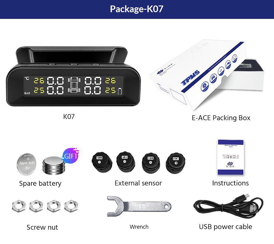 E-ACE Solar Power TPMS Car Tire Pressure Alarm Monitor System Auto Security Alarm Systems Tyre Pressure Temperature Warning E-ACE Solar Power TPMS Car Tire Pressure Alarm Monitor System Auto Security Alarm Systems Tyre Pressure Temperature Warning