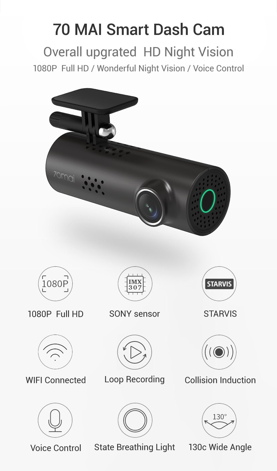 70mai Smart Dash Cam 1S English Voice Control 70 Mai Car Camera 1080P 130FOV Wifi 70mai Car DVR Car Recorder Auto Recorder Wifi