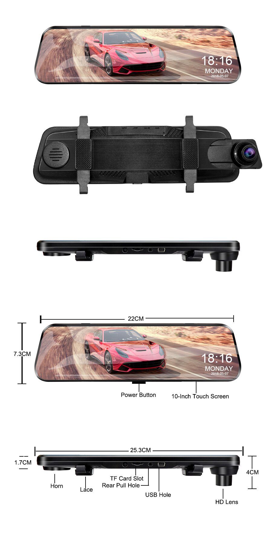 E-ACE Car Dvr 10 Inch Touch Screen Video Recorder Auto Registrar Stream Mirror Support RearView Camera night vision dash cam