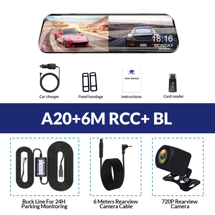 E-ACE Car Dvr 10 Inch Touch Screen Video Recorder Auto Registrar Stream Mirror Support RearView Camera night vision dash cam