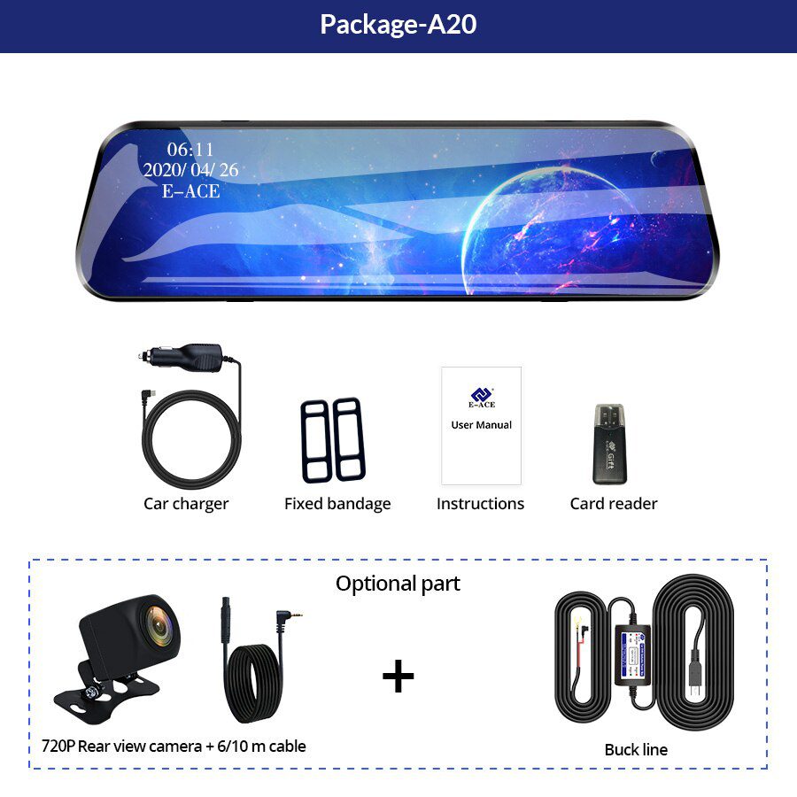 E-ACE Car Dvr 10 Inch Touch Screen Video Recorder Auto Registrar Stream Mirror Support RearView Camera night vision dash cam